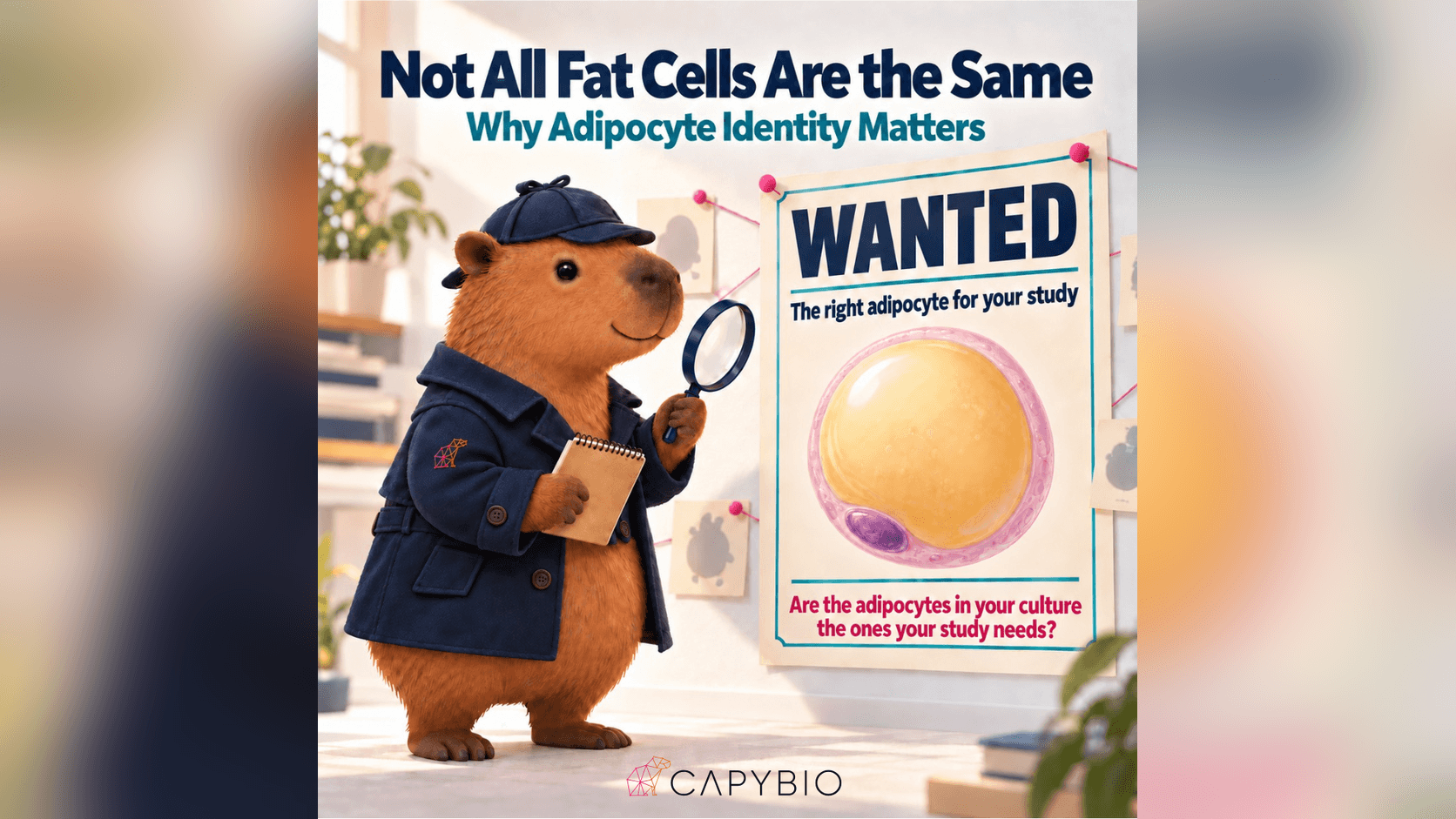 Illustration of a capybara detective in a navy coat and cap, holding a magnifying glass and notepad beside a WANTED poster of a single fat cell. The poster reads “The right adipocyte for your study” and asks, “Are the adipocytes in your culture the ones your study needs?”