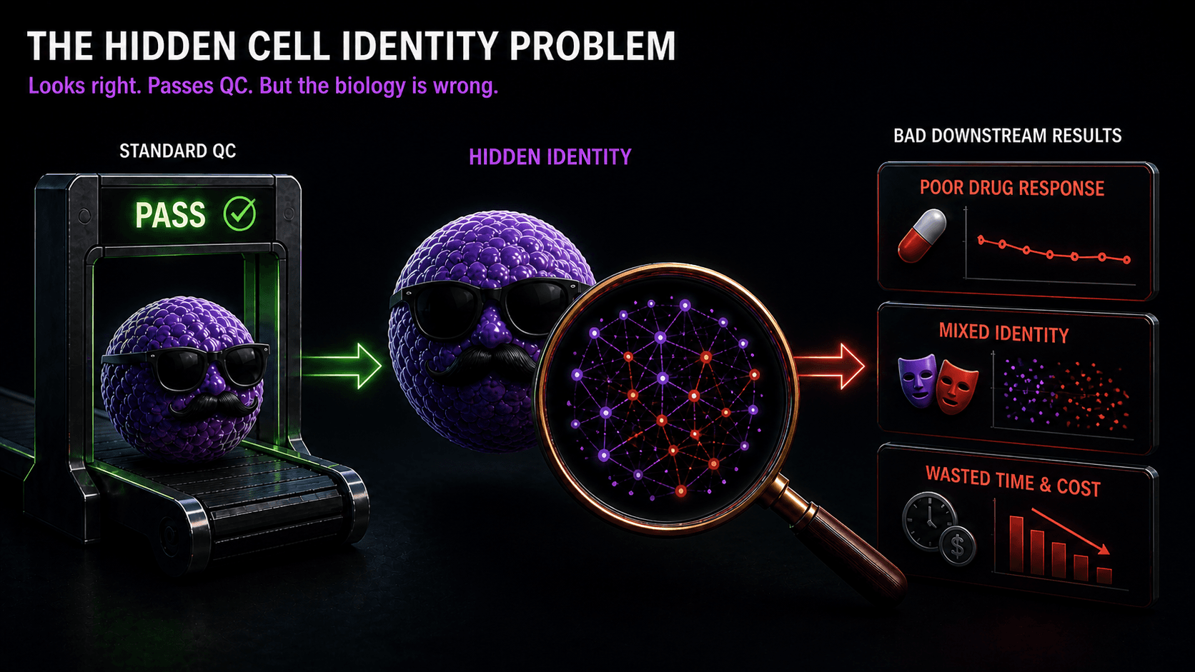Stylized scientific illustration of cell populations and gene-regulatory programs.