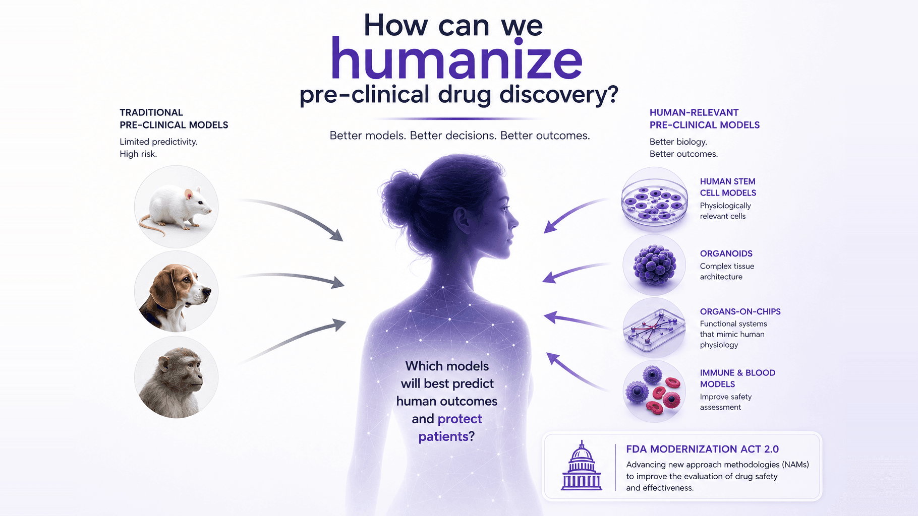 Infographic contrasting traditional pre-clinical models (mouse, dog, and non-human primate) with human-relevant models including stem cell models, organoids, organs-on-chips, and immune and blood models, alongside a note on the FDA Modernization Act 2.0.