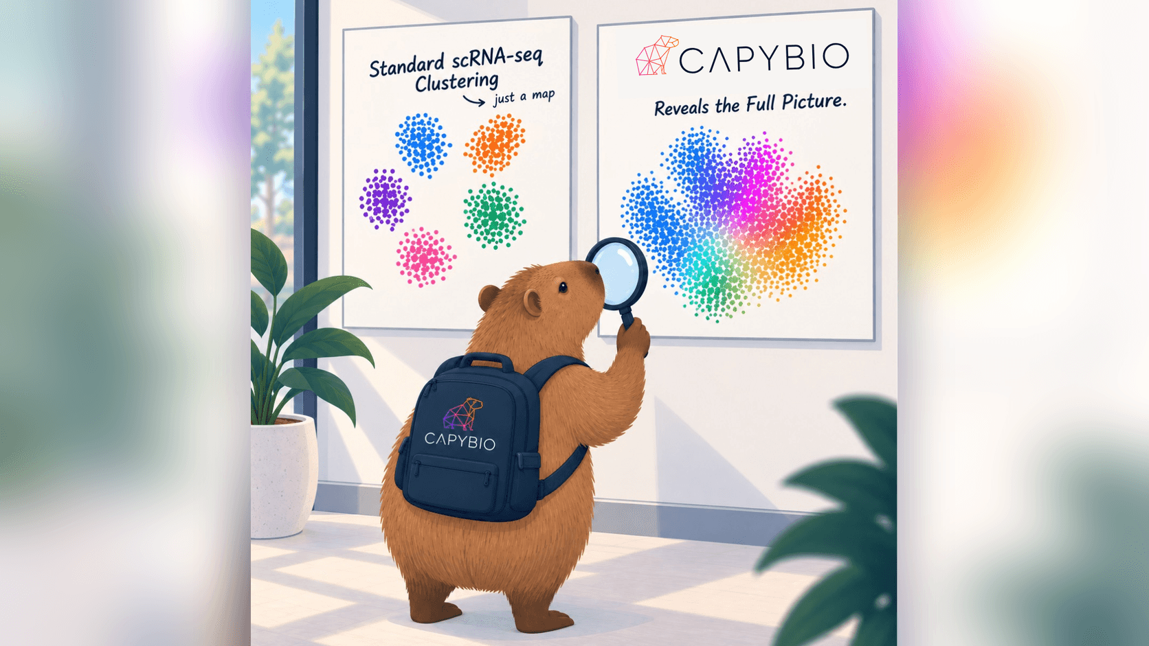 Illustration of a capybara wearing a CapyBio backpack, holding a magnifying glass up to two posters: one showing standard scRNA-seq clustering as a few discrete colored islands labeled “just a map,” the other showing CapyBio revealing the full picture as a continuous spectrum of cell identities.