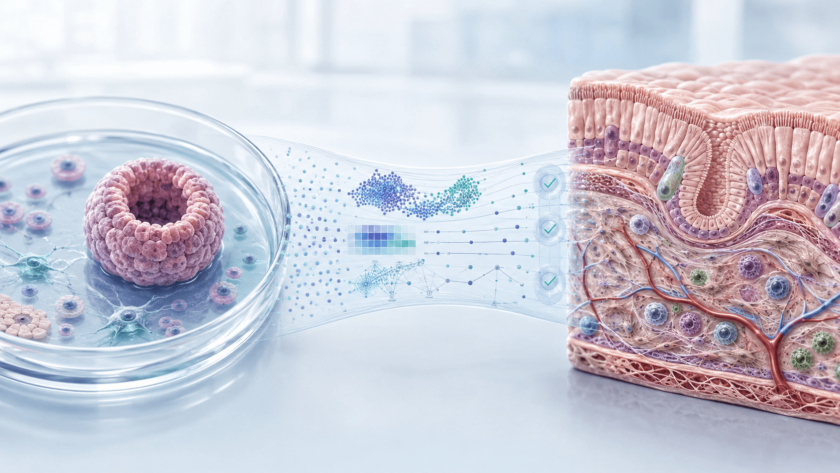 Stylized illustration of a stem-cell culture on the left, transitioning through digital data points to a cross-section of human tissue on the right.